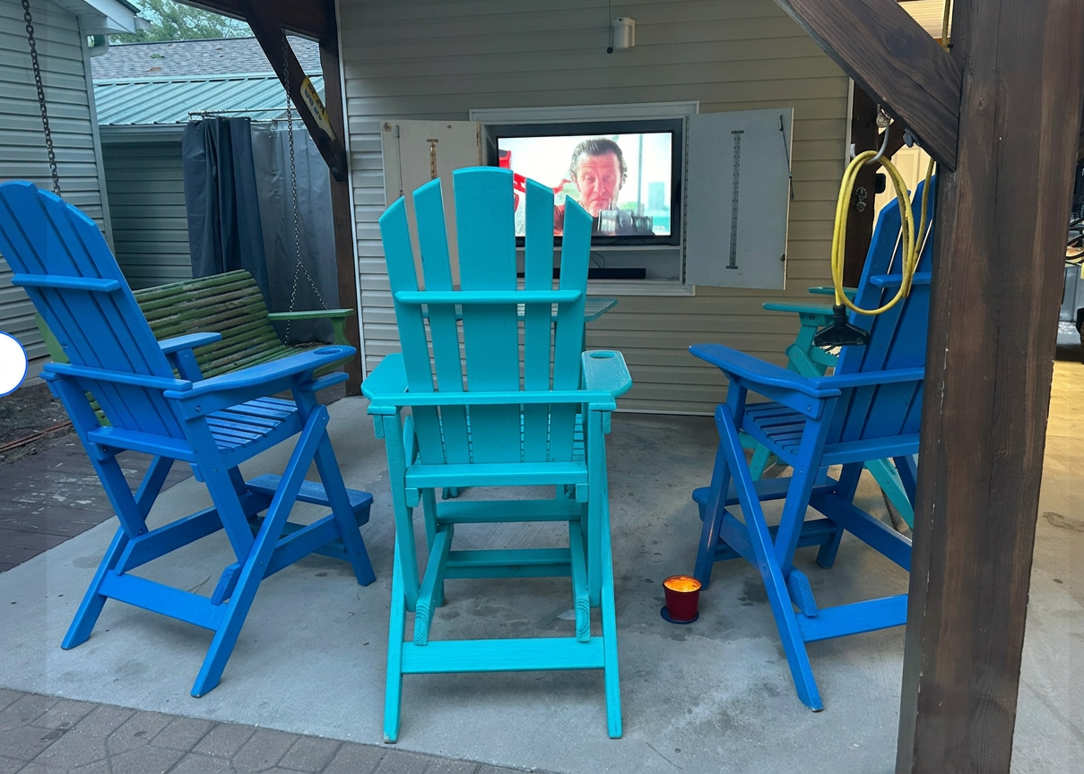 Outdoor lounge area with TV and Adirondack chairs