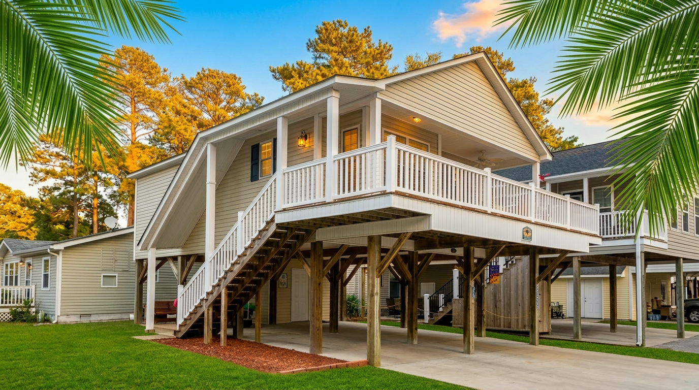 1670 OL Beach House at golden hour — raised cottage with wrap-around deck inside Ocean Lakes Campground