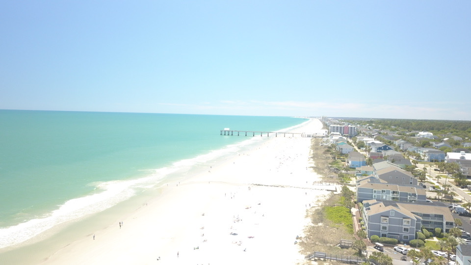 Aerial view of the Ocean Lakes beach and pier